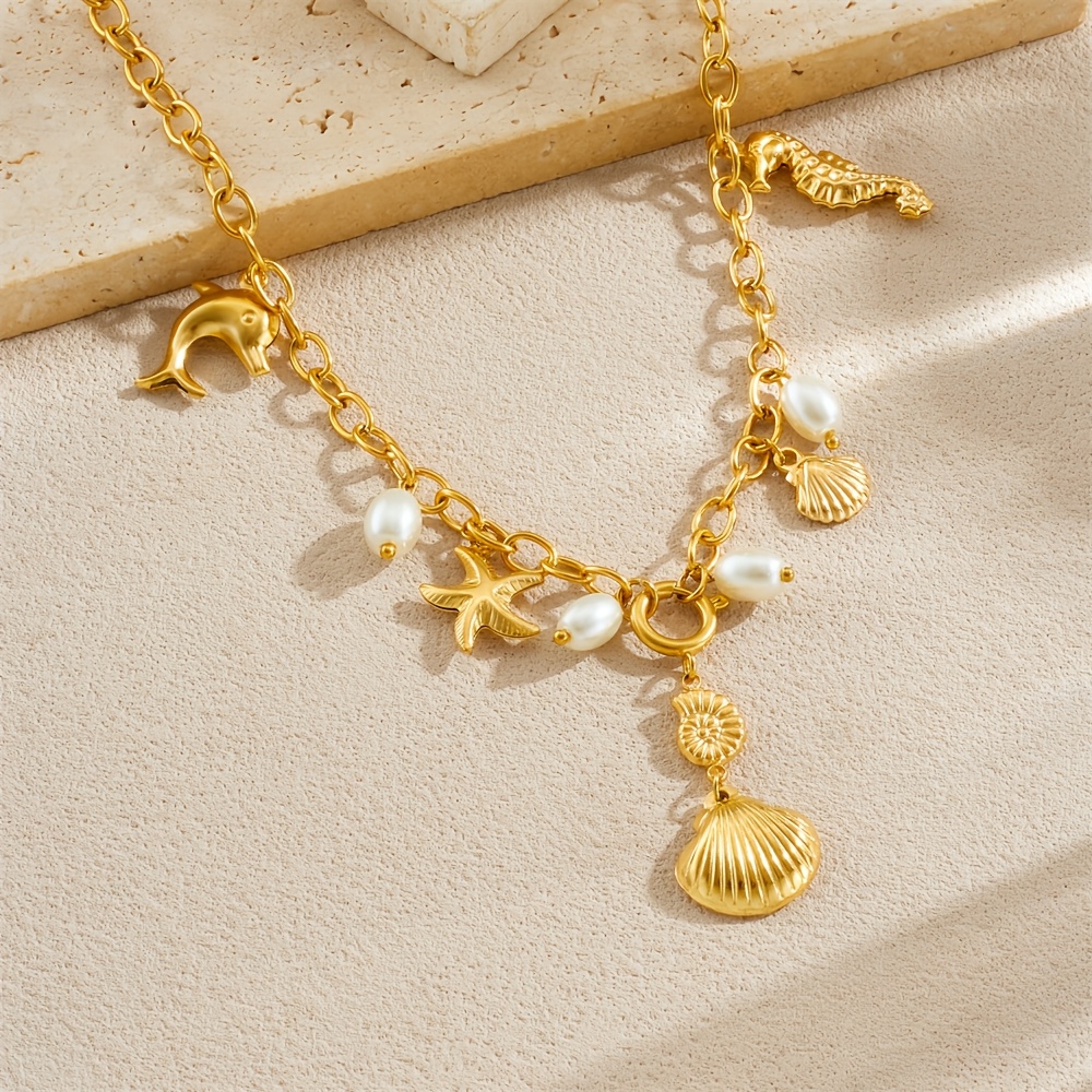 Women's Golden Stainless Steel Shell Seahorse Pendant Necklace